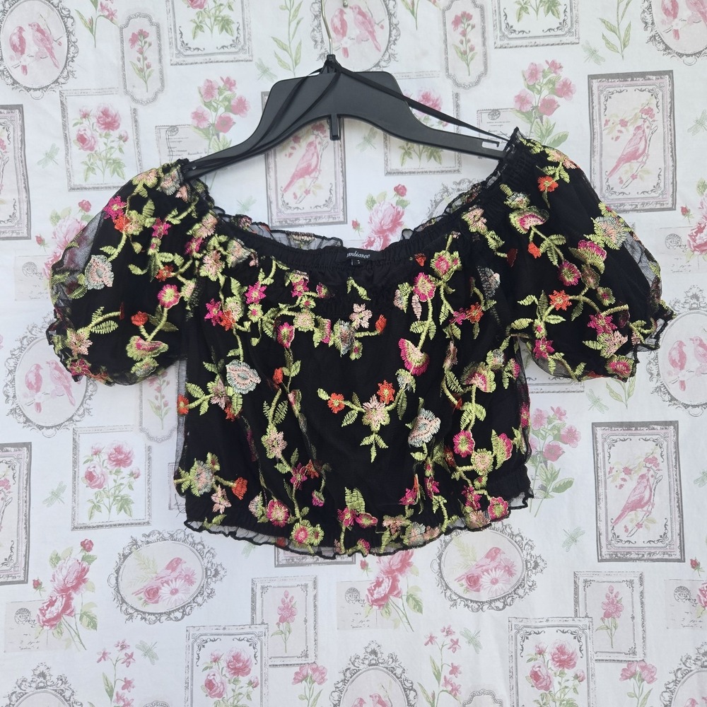Ambiance F21 Black Mesh Floral Embroidered Off Shoulder Crop Top Lined Sheer‎ S